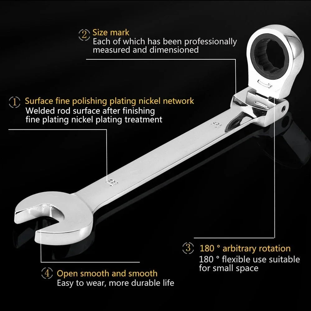 NUEVO Juego de llaves combinadas de trinquete de cabeza flexible SAE de 1/4'' a 13/16'', herramienta de reparación de automóviles con organizador de engranajes de 72 dientes de primera calidad y cromo