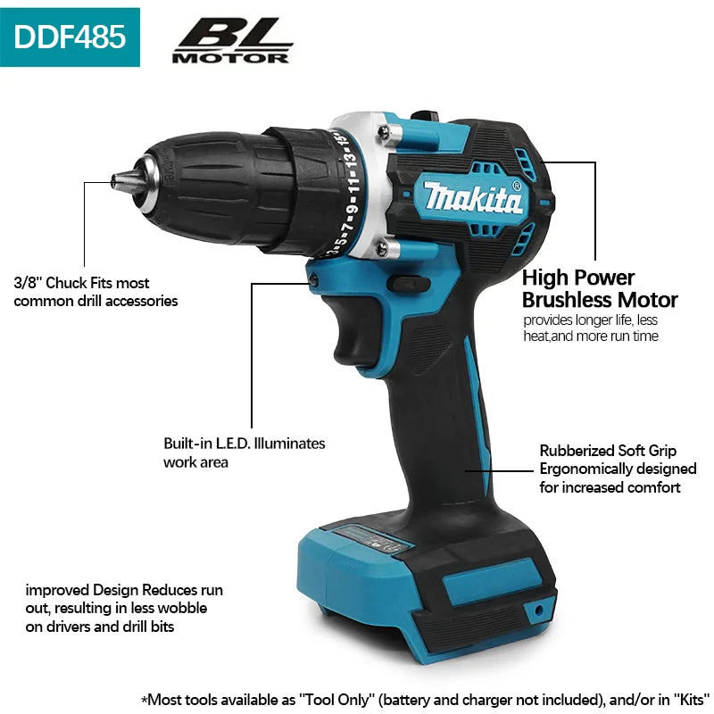 Destornillador de impacto inalámbrico compacto Makita DDF485 de 18 V y 10 mm LXT, taladro eléctrico recargable sin escobillas