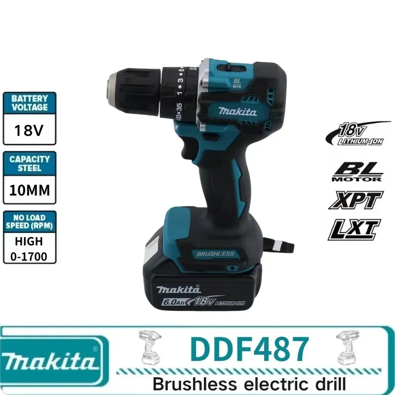 Taladro atornillador inalámbrico Makita DDF487 original de 410 W, destornillador de impacto eléctrico sin escobillas, herramienta eléctrica para batería Makita de 18 V